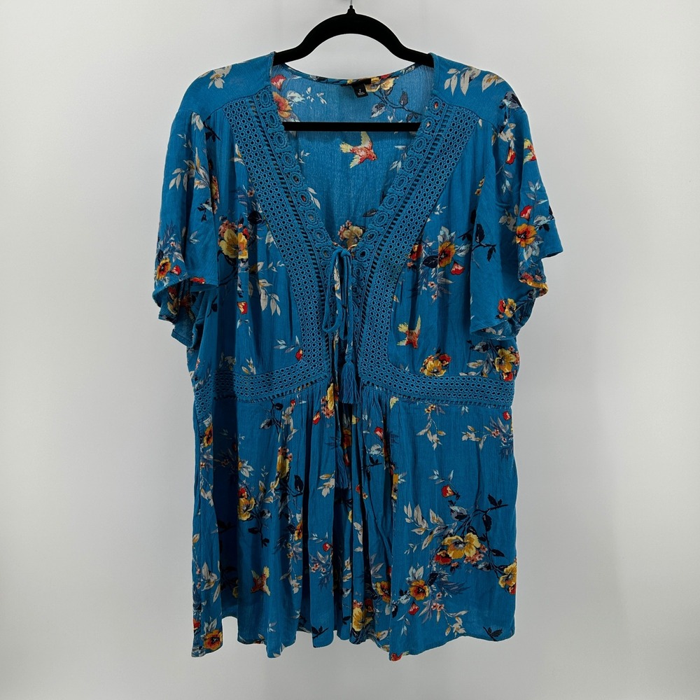 Torrid Blue Floral Bird Crochet Lace Trim‎ Boho Peasant Top Plus Sz 2 2X Cottage